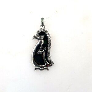 Estate Fashion Penguin Pendant Black Enamel & Rhinestones 1.71" 7.2g No Chain